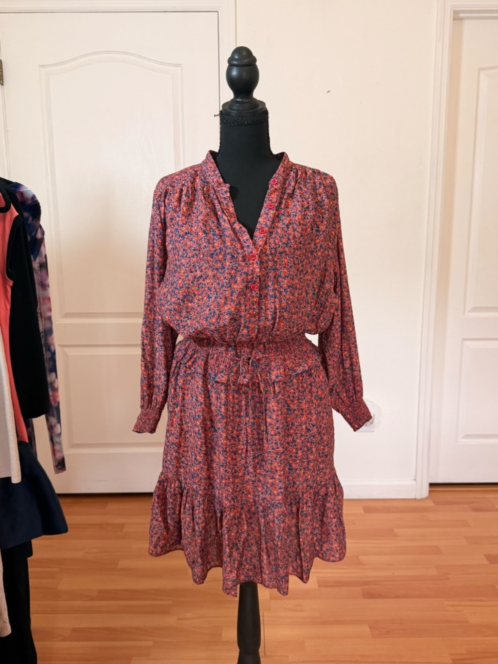 Rebecca Minkoff Red Navy Floral Print Midi Dress Smocked Waist Long Sleeve M